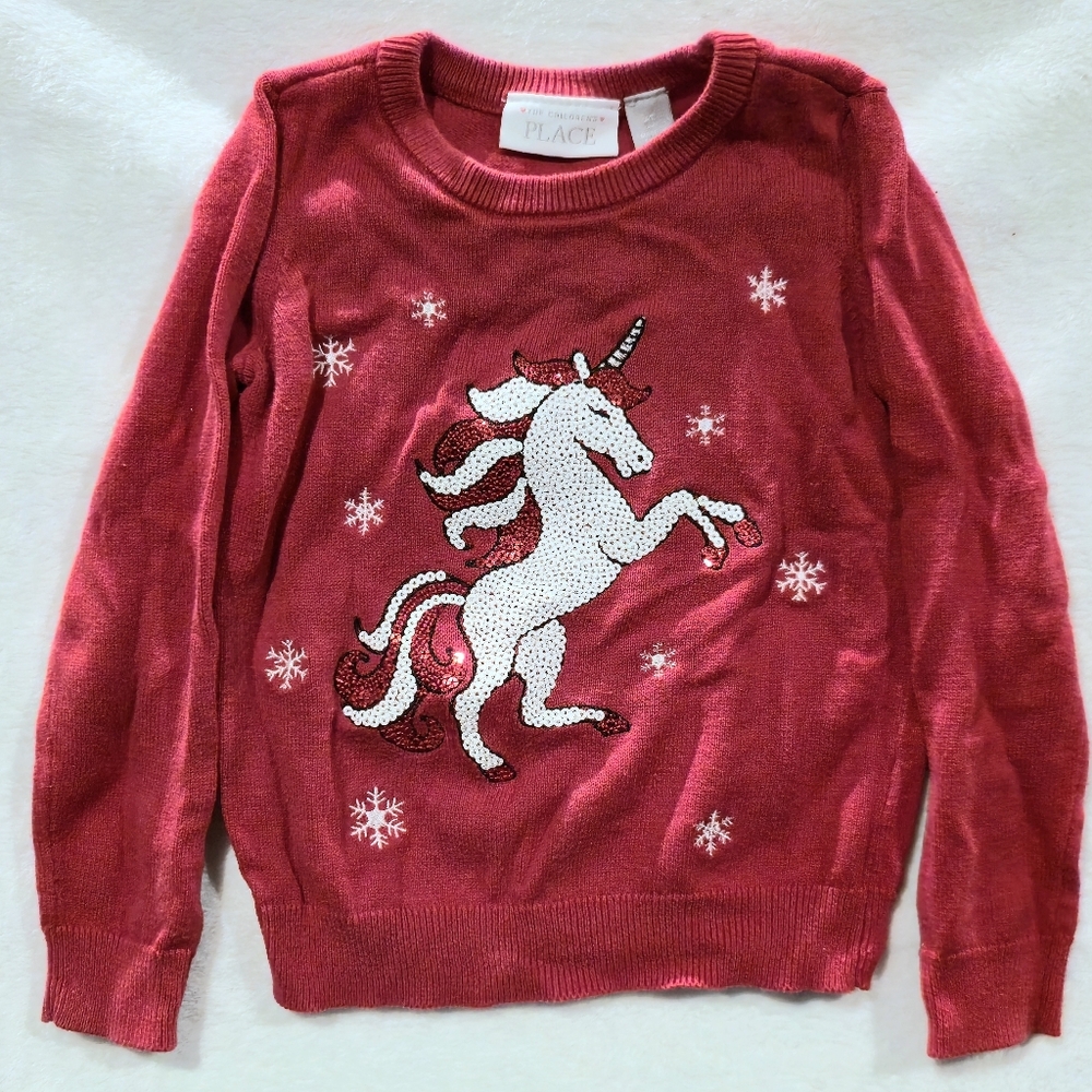 Red Christmas Sweater with Sequin Unicorn (4T)